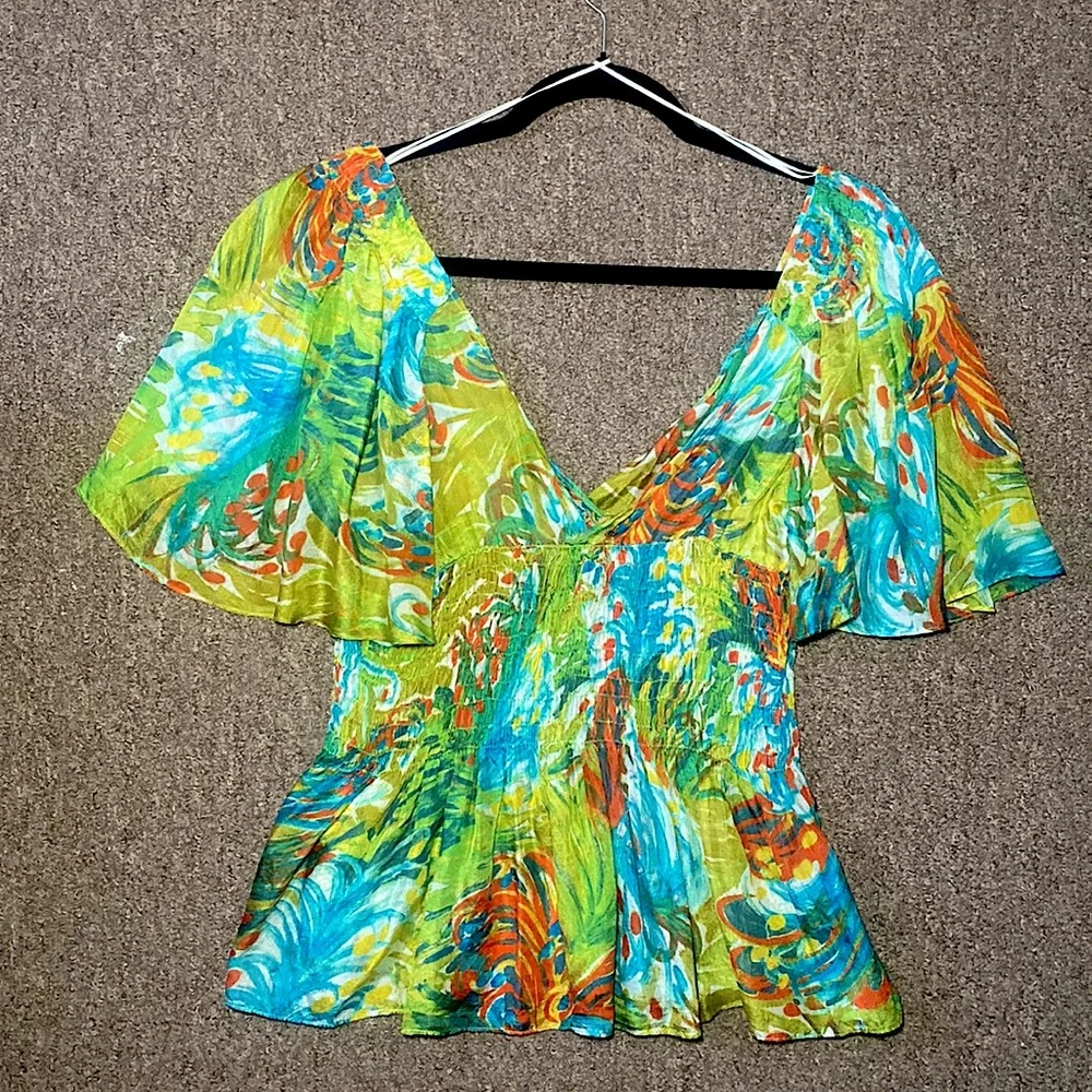 ZARA BASICS multicolored lightweight b neck top with cinched waist detail - Picture 2 of 6